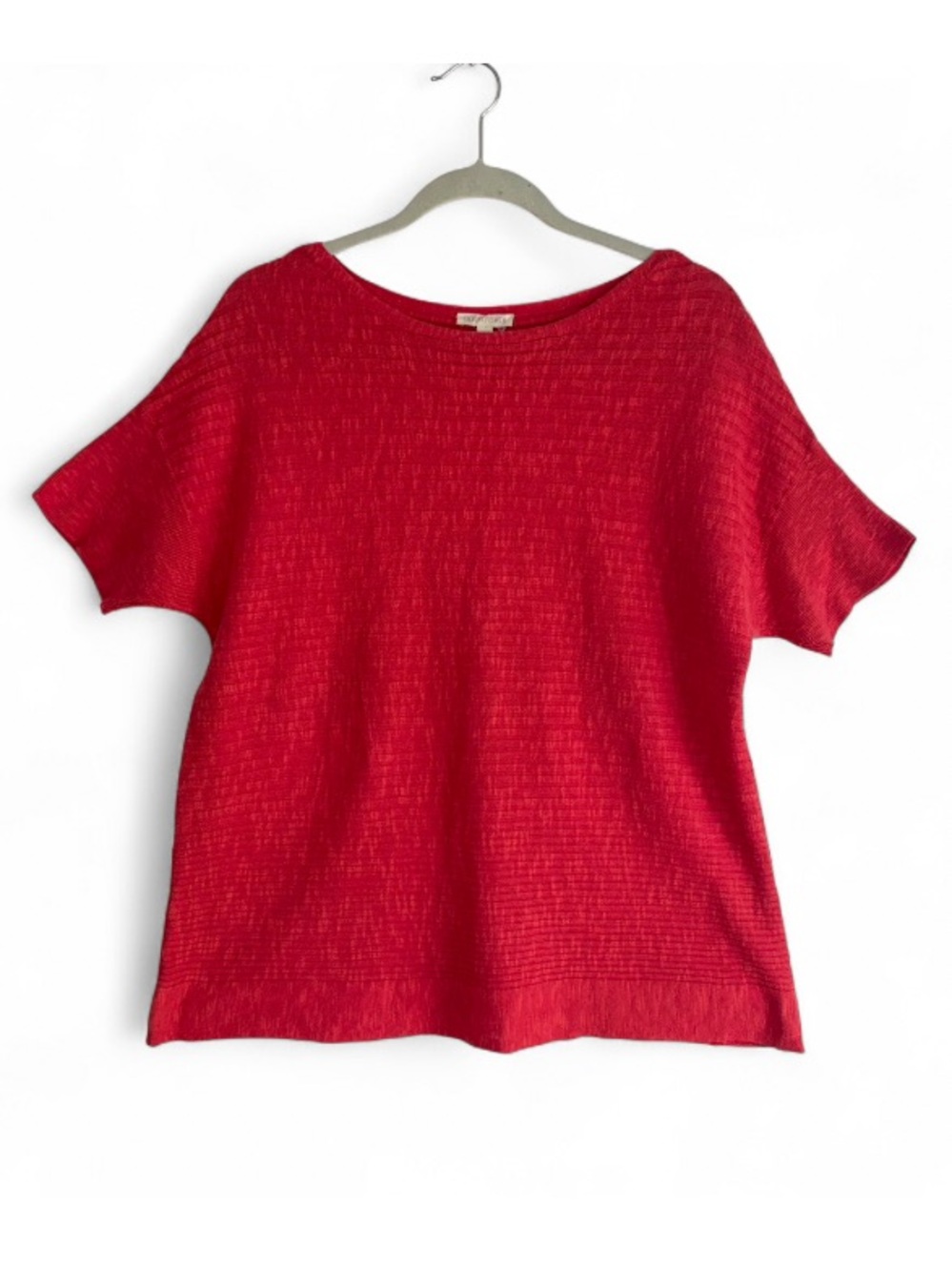 Eileen Fisher Coral Red Linen Blend Short Sleeve Boat Neck Sweater Size L